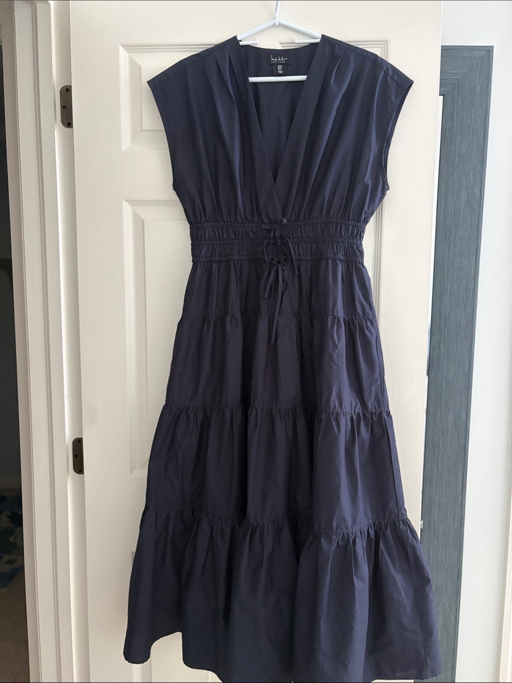Nicole Miller Navy Tiered V-Neck Midi Dress with Smocked Waist